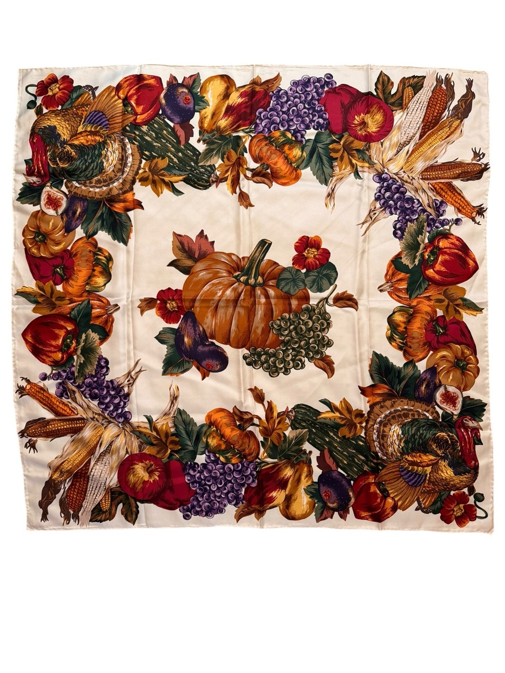 Echo 100% Silk Thanksgiving Scarf 35”x35” Turkey Pumpkin Harvest Fall Autumn